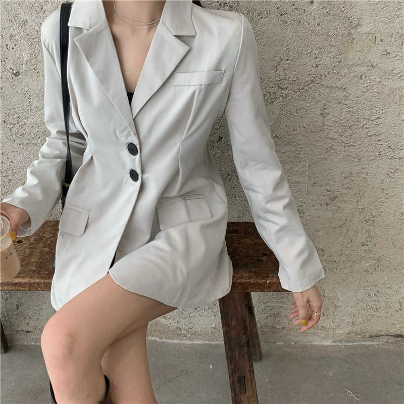 

Solid V-neck Notched Single Breasted Blazer Women's Spring Autumn Loose Short Suit Full Jacket Coat 210615, White