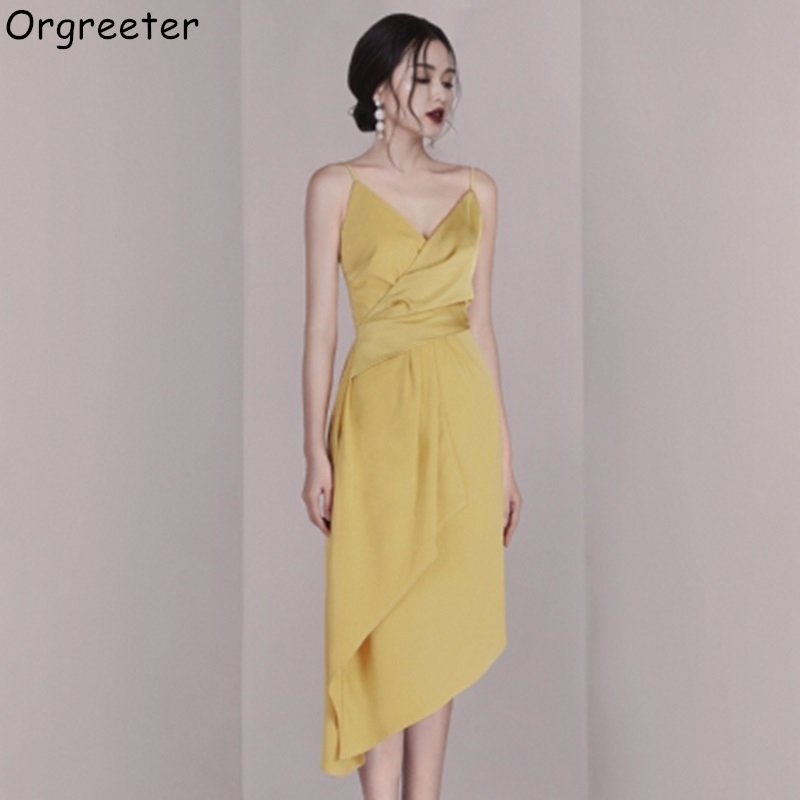 

Elegant Ruffles Midi Women Slim Party Dress Sexy Spaghetti Strap V Neck Asymmetrical Hem Bandage 210525, Yellow