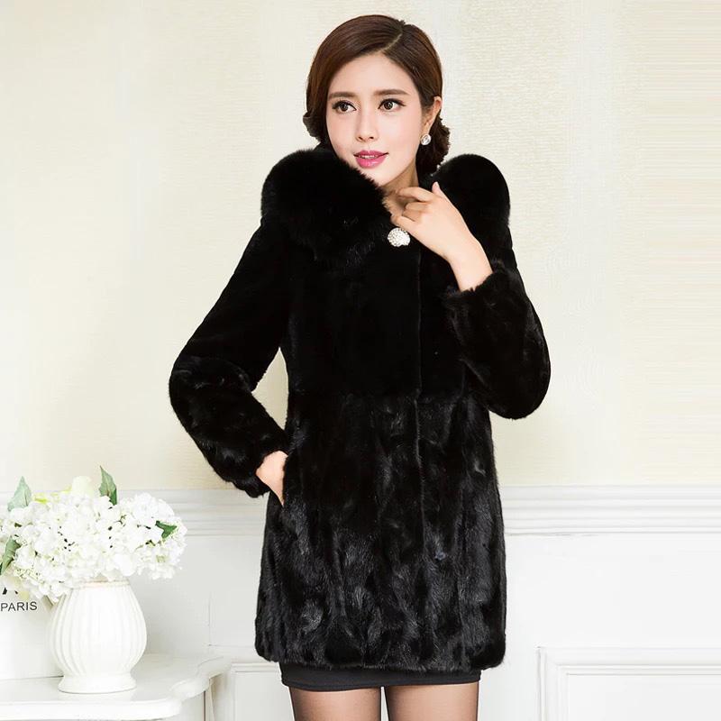 

Women' Fur & Faux Fashion Women Natural Mink Jacket Long Style With Sashes Elegant Lady High Quality Winter Coat TU144-111, With hat