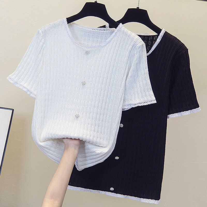 

L- large size women fasion button thin sweater pullover loose casual short sleeve o neck Summer kint t-shirt female jumper 210604, White