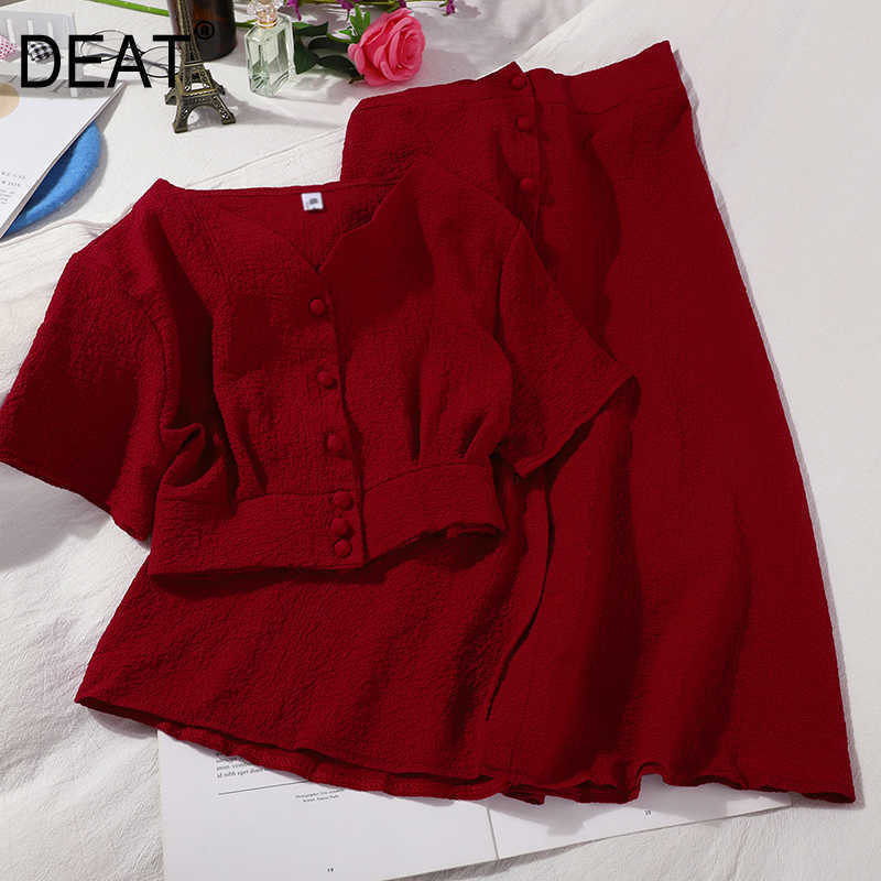 

DEAT Women Midi-long Pleated V-neck Temperament Skirt Short Two Piece Set Fashion Spring Summer 11D385 210709, Black