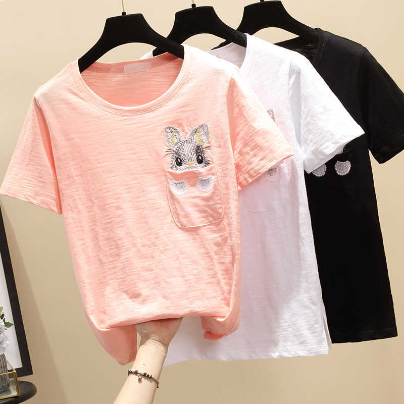 

T shirt Women Plus Size Black Embroidery Rabbit Summer Tops Cotton White Female Tshirt Short Sleeve Tee Shirt Femme 210604, Colocasia color
