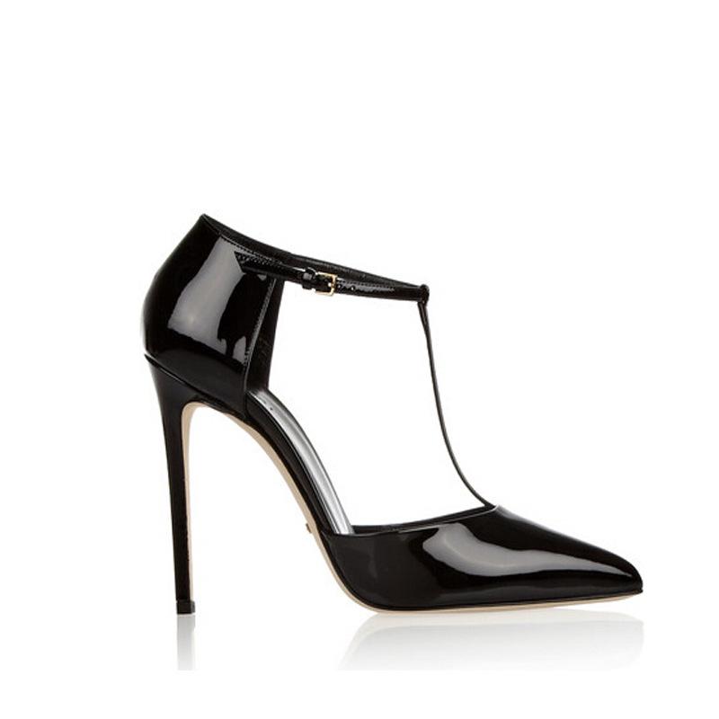

thin heel high-heeled shoes hollow pointed belt women's 10cm black patent leather women's shoes super high-heeled