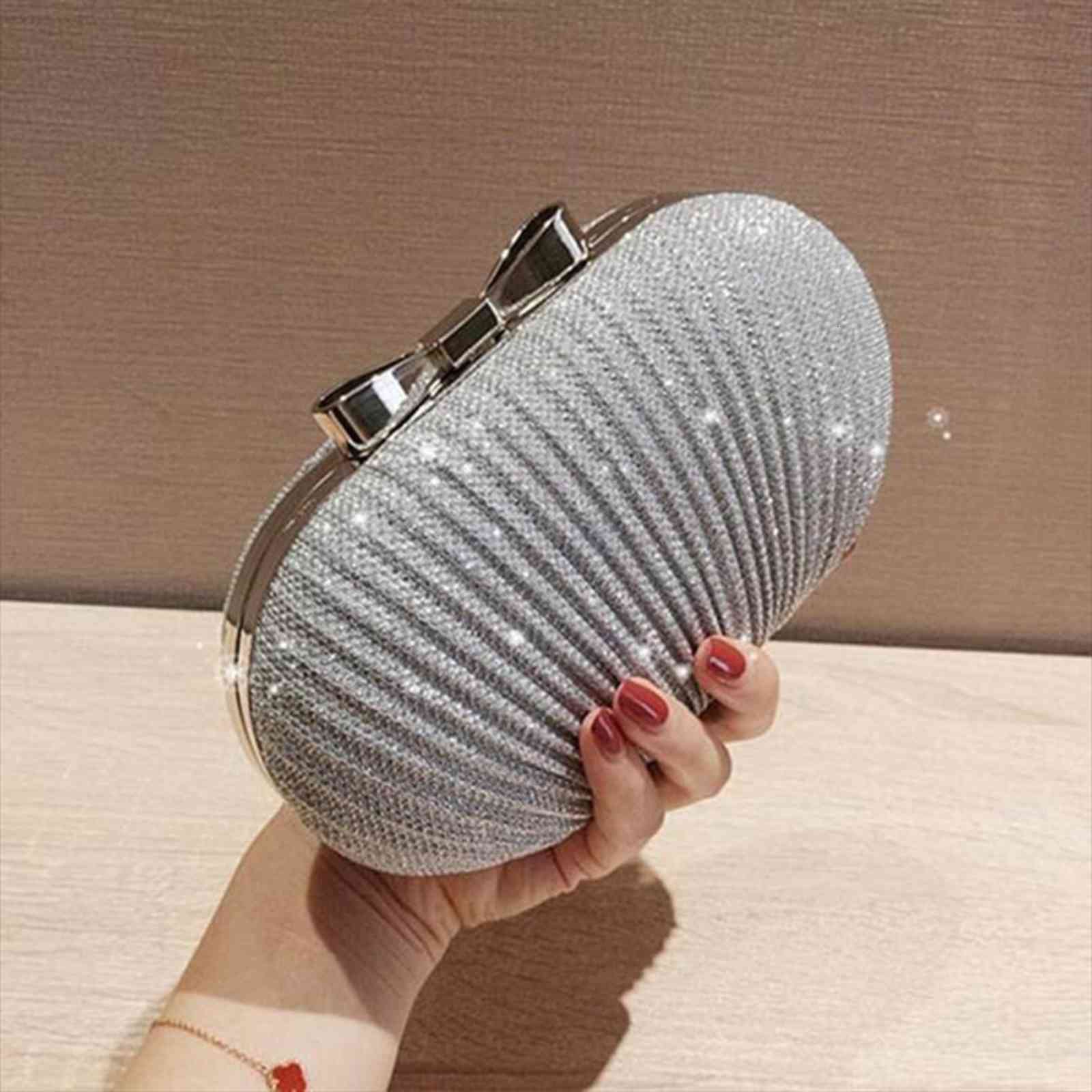 

Fggs Wedding Bridal Beaded Evening Bags Women Chain Shoulder Handbags Elegant Rhinestones Clutch Egg Shape Day Clut, Silver