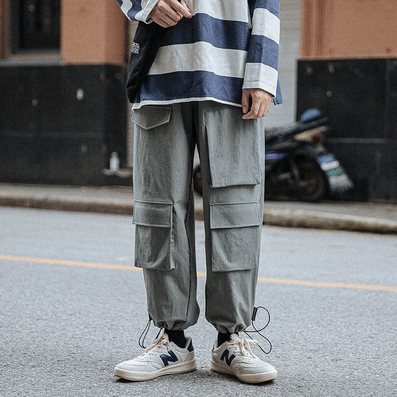 

2021 New Spring Men's Fashion Retro Multi-pocket Casual Wide-leg Pants Men Streetwear Hip-hop Straight Trousers Mens Uays, Gray