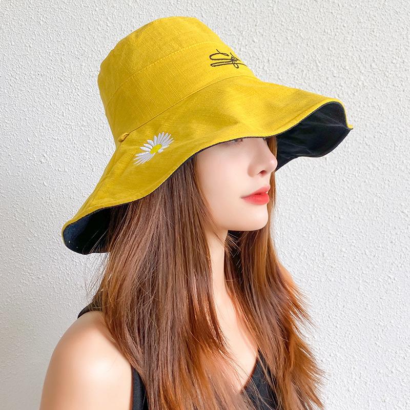 

Wide Brim Hats Sunscreen Big Bucket Hat Fisherman Cap For Women Embroidery Travel Beach Sunshade Wild Japanese Korean Double Sided Sun, Beige yellow