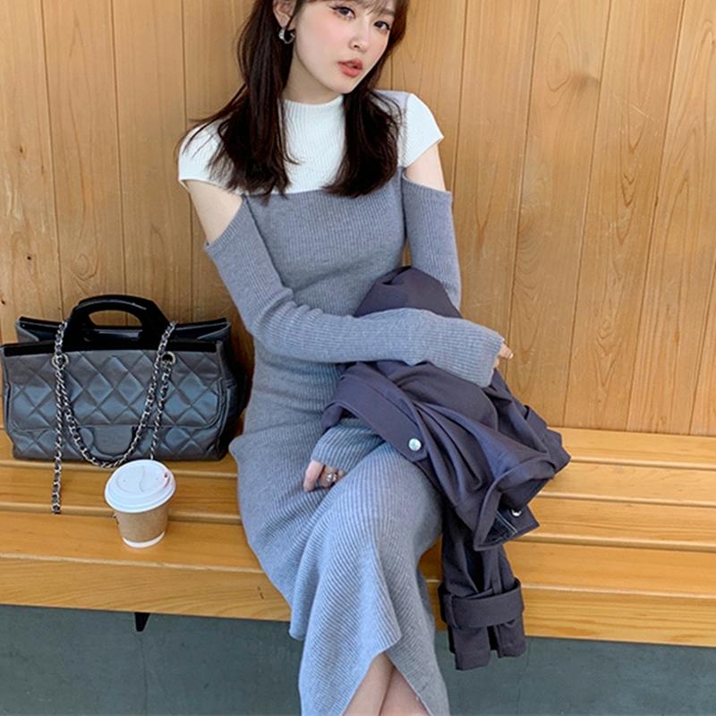 

Casual Dresses Chic Hit Color Patchwork Design Woman Dress Sexy Shoulder Strapless Split Knit Robe Elegant Long Sleeve Bottomed Vestidos, Black;gray
