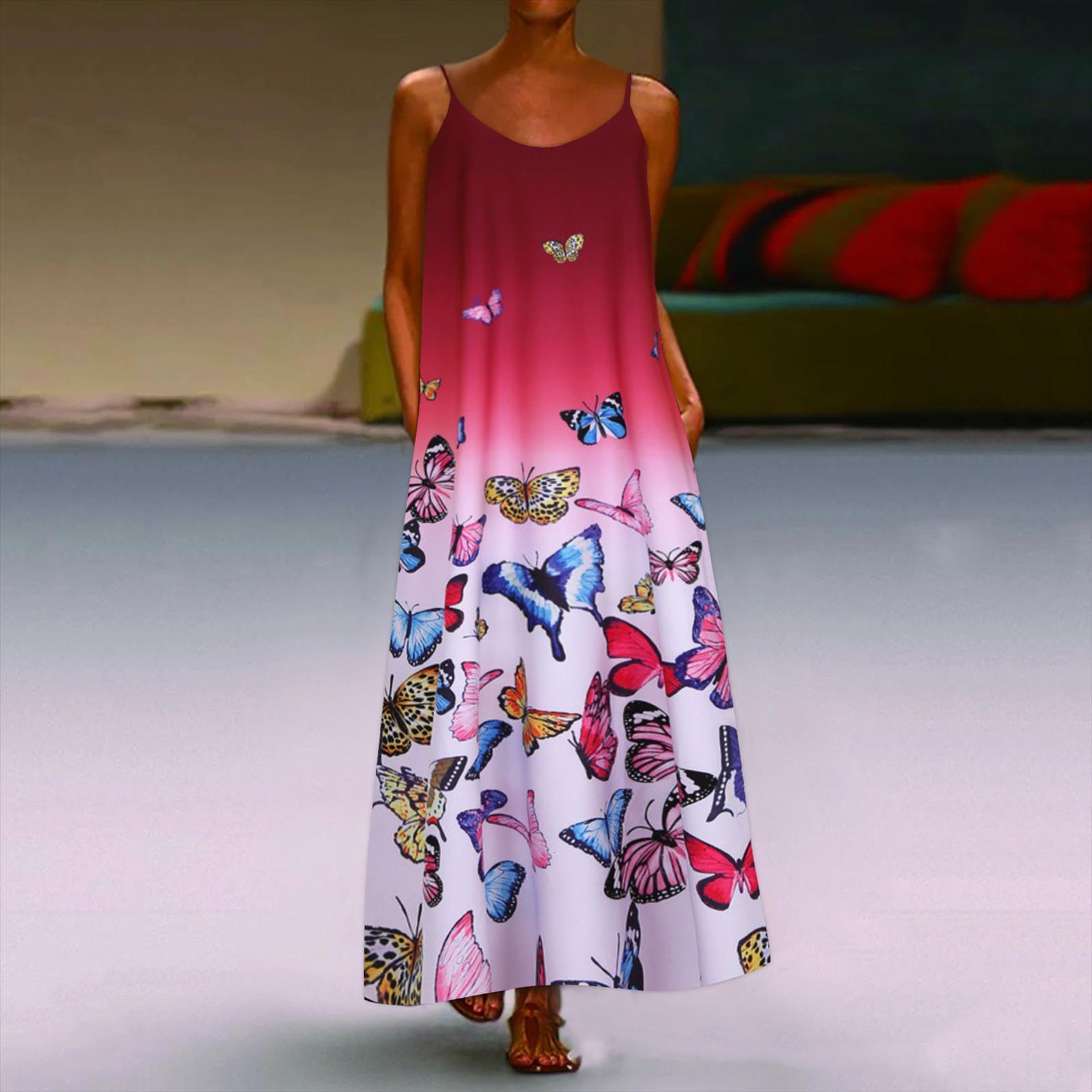 

40 o neck bohemian maxi women dresses plus size casual butterfly printed sleeveless robe holiday vintage pocket long vestidos, Black;gray