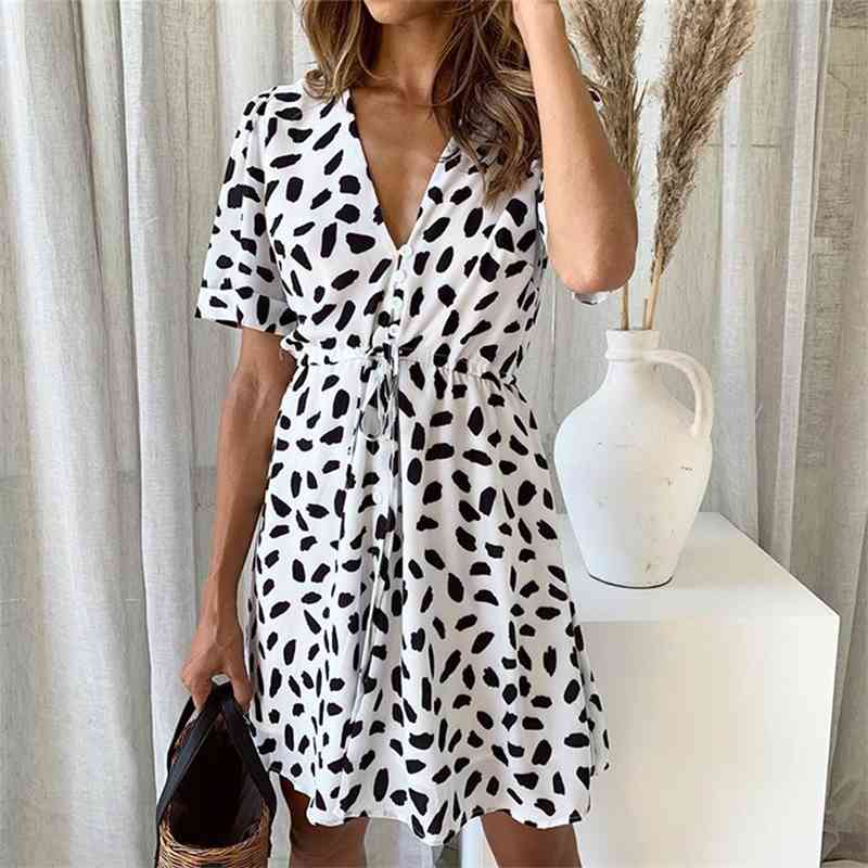 

2020 fashion print button tie summer beach casual dress, Black;gray