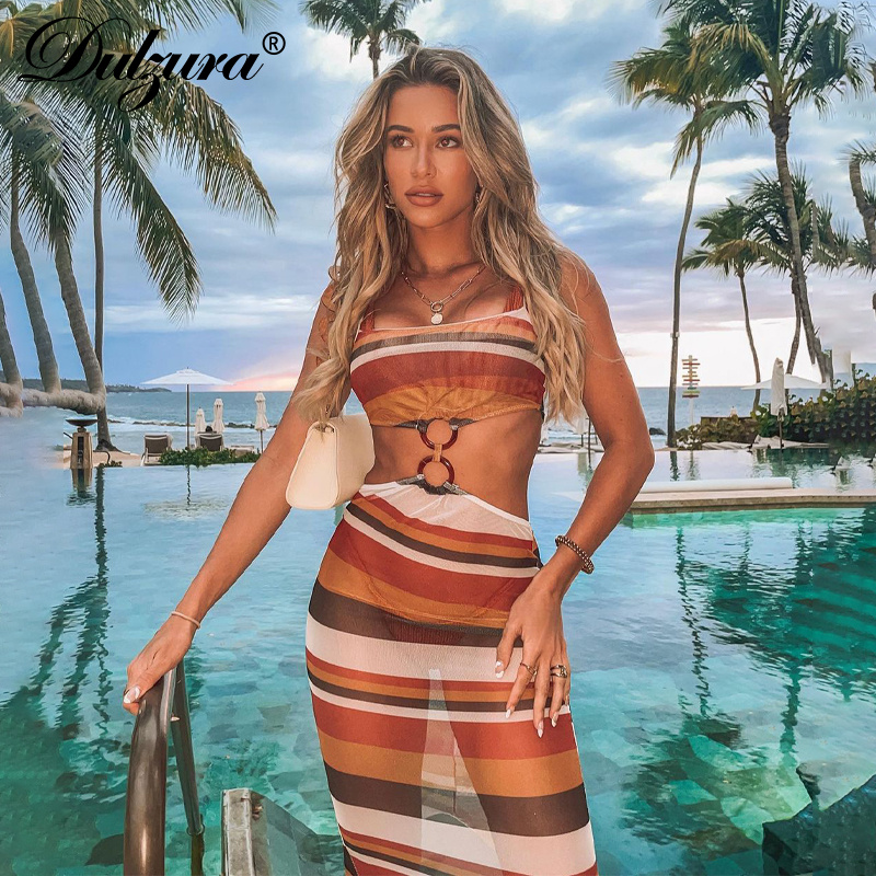 

see through mesh 2021 summer women stripe print sleeveless bodycon long skinny fashion party dresshigh quality, Black;gray