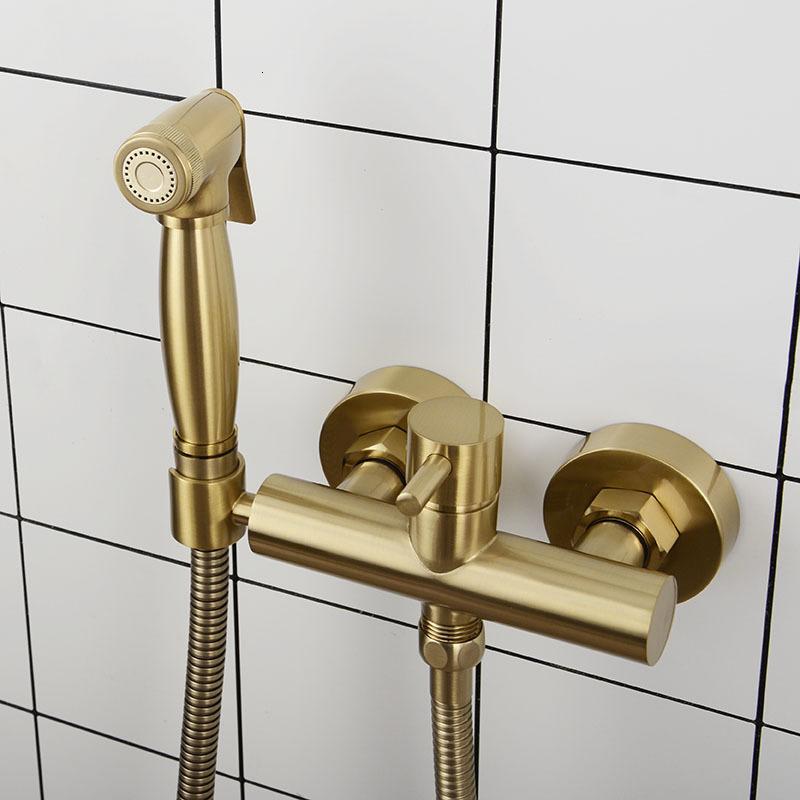 

Bidet Faucets Brushed Gold Brass Bathroom Faucet Wall Mounted Hot Cold Water Mixer Sprayer Xwt0