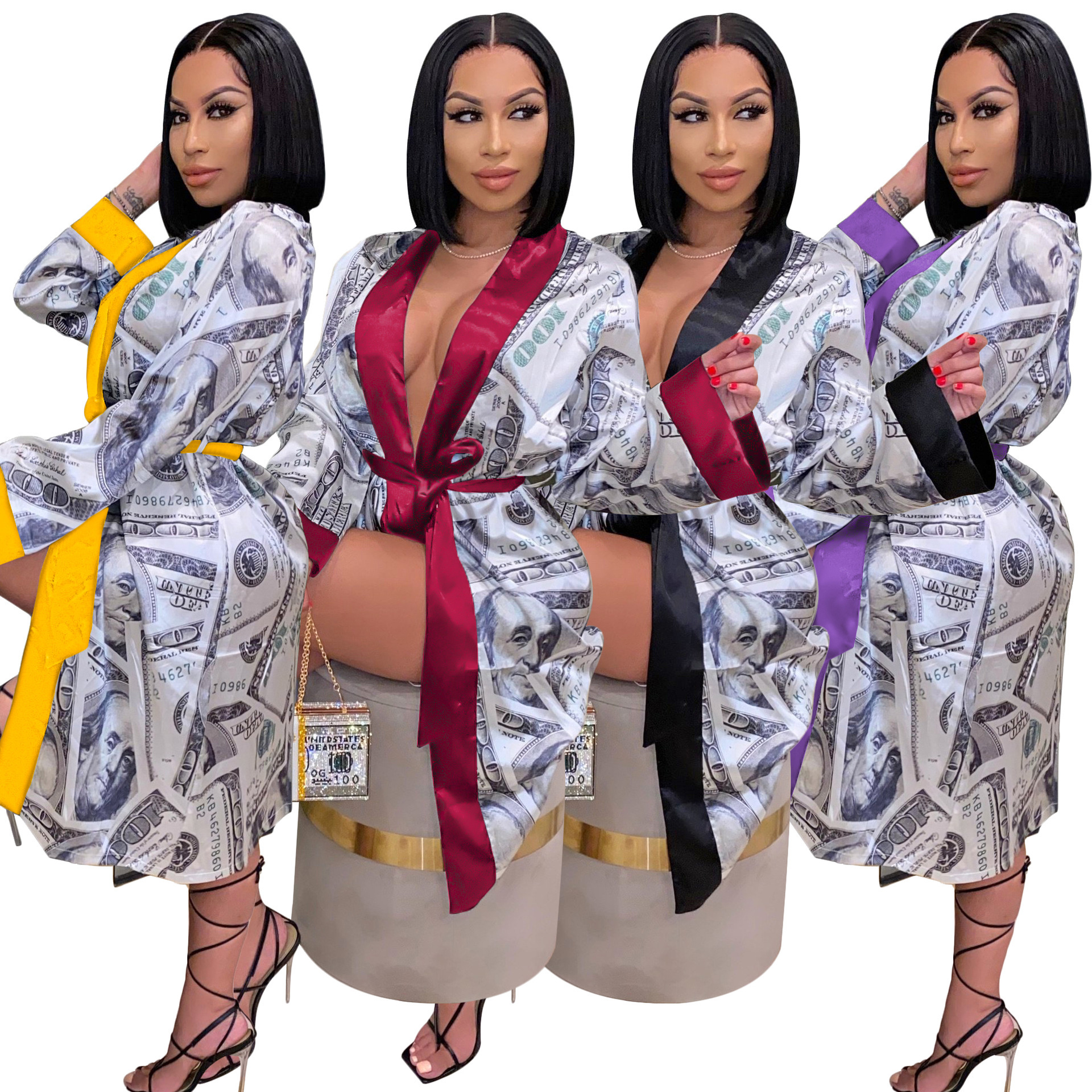 

Women's pajamas fashion sexy US dollar home nightdress printed lace-up trench coat mid-length nightgown, Yellow