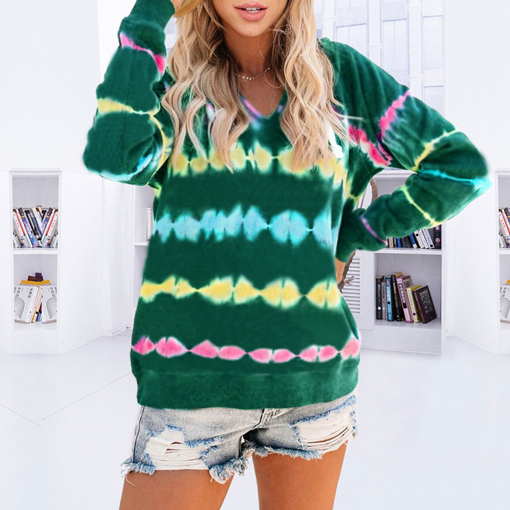 

2021 New Casual V-neck Hooded Sweatshirts Long Sleeve Oversized Tie Dye Hoodies Vintage Harajuku Pullover Tops Streetwear 7i0n, Black