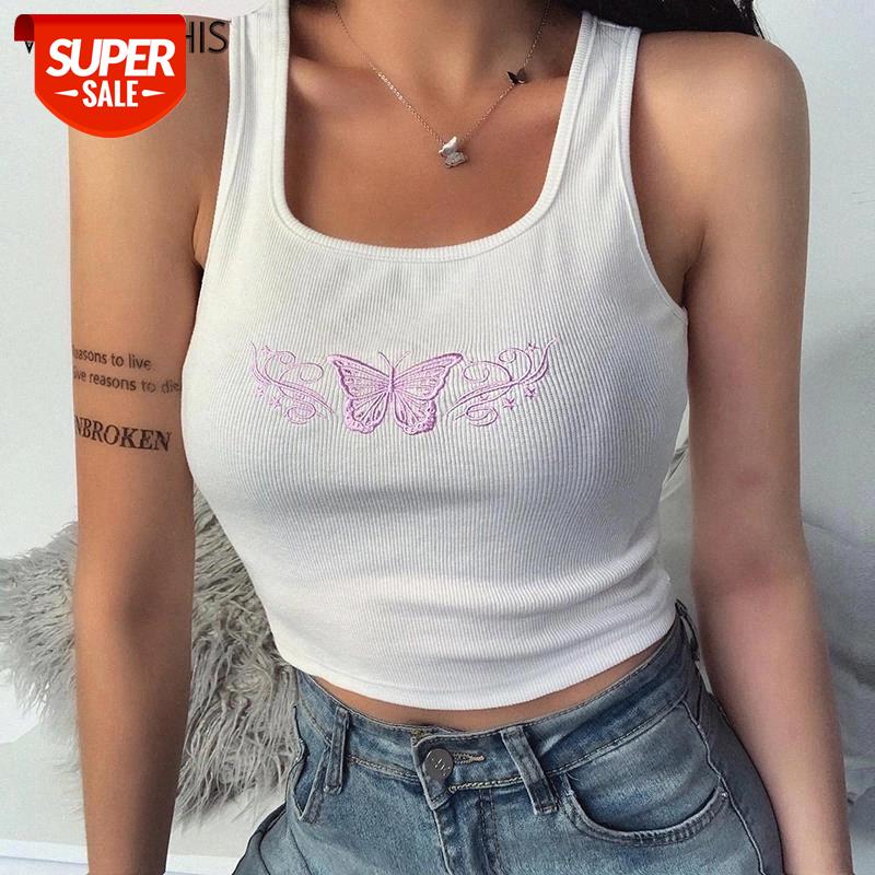 

WannaThis Butterfly Embroidery Sleeveless Tank Top Women Skinny Elastic White Cotton O-Neck Fashion Summer Vacation Cropped Tops #z79o