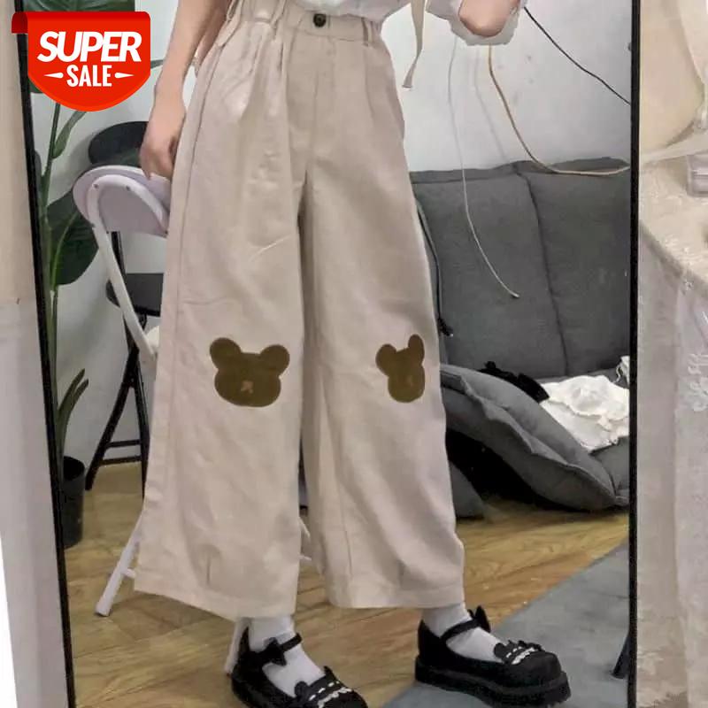 

Cute bear wide-leg pants women new prep summer Korean college style loose wild straight pants nine points casual student #Bh3j, Black;white