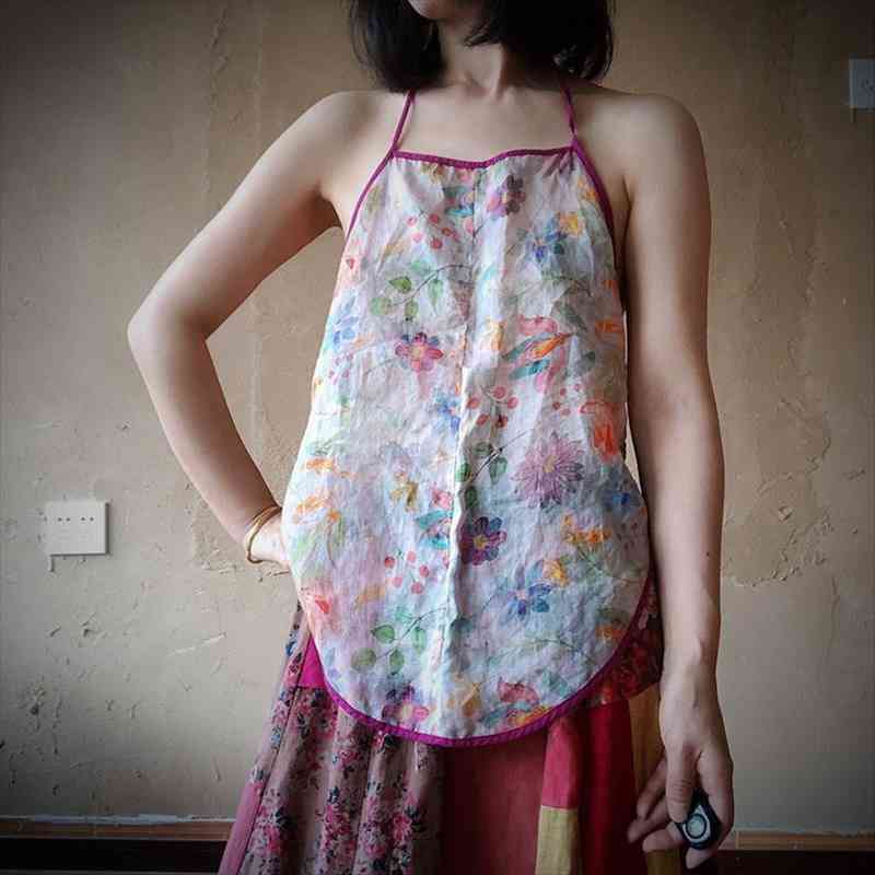 

summer ramie slings vintage women tanks print flower o-neck retro comfortable clothes, White