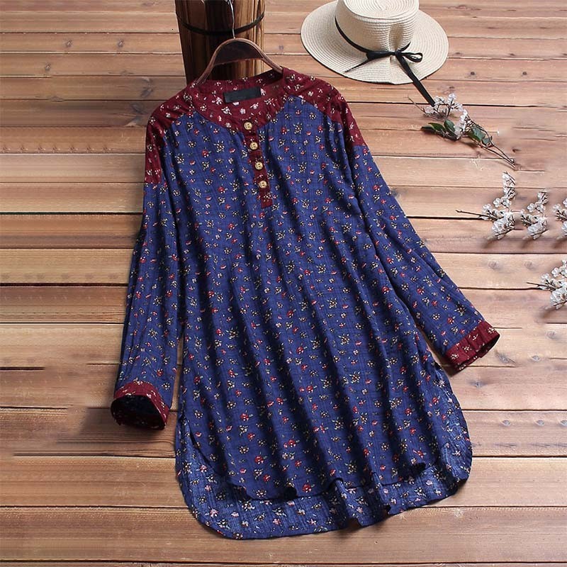 

2021 New Floral Print Elegant Blouse Women Spring Fashion o Neck Sleeve Oversize Shirts Casual Long Tops and Blouses Femme Odju, Blue