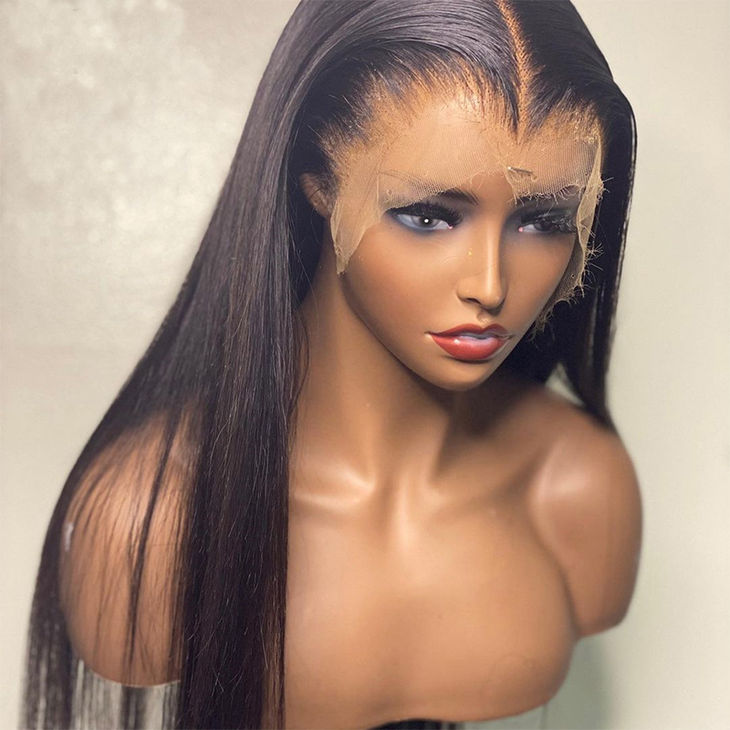 

Brazilian 26Inch 180%Density Silky Straight Long Wig Natural Black Color Meddle Part Glueless Lace Front wigs Remy Soft With Baby Hair For Women Daily Wear