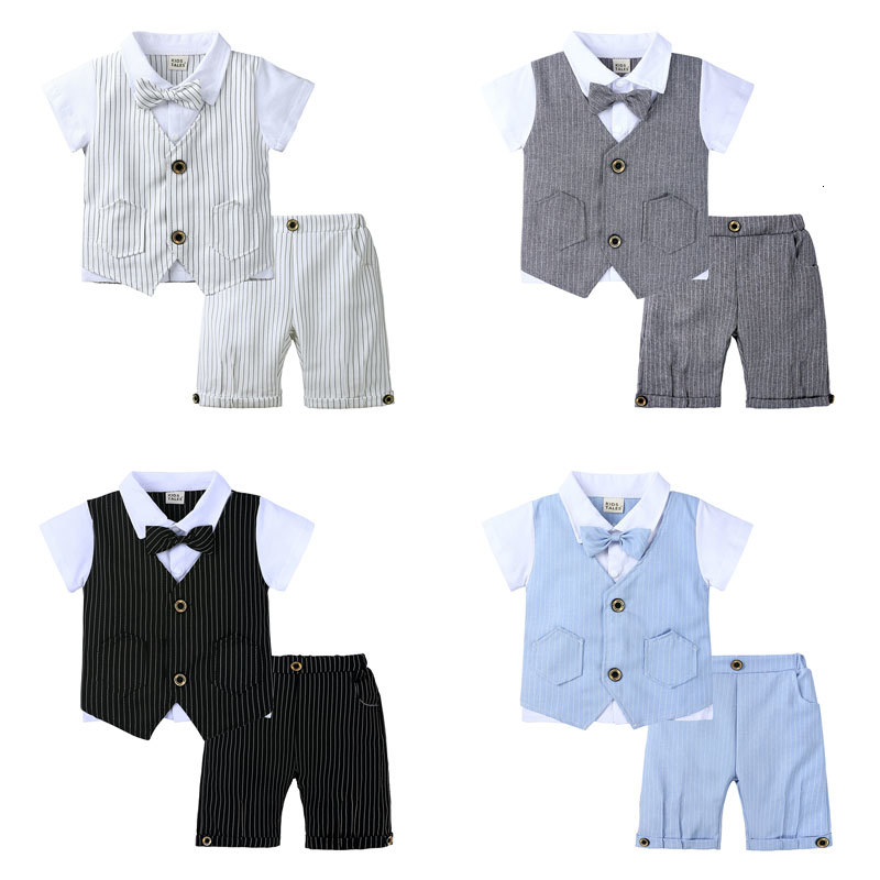 

2021 New Gentleman Style Children Boys Summer Kids Suit Cotton Short Sleeve Bow Tops+shorts Formal Baby Boy Clothes 7ot9, As picture