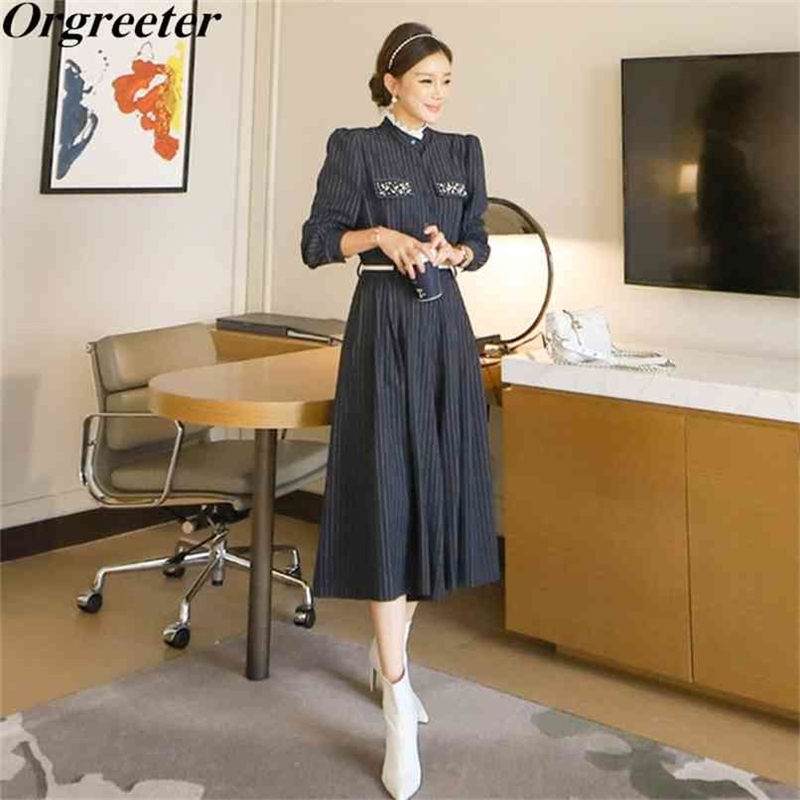

Elegant OL Pants Suits Women Beaded Lace Trim Stand collar Striped Shirt + High waist Wide leg Two piece set Female 210602, Black