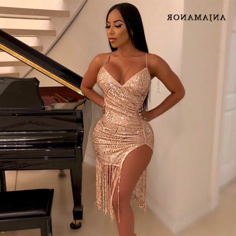 

ANJAMANOR Sparkly Gold Sequins Sexy Dresses Woman Party Night Birthday Tassel Split Sleeveless Midi Bodycon Dress D35-EI32 J0301