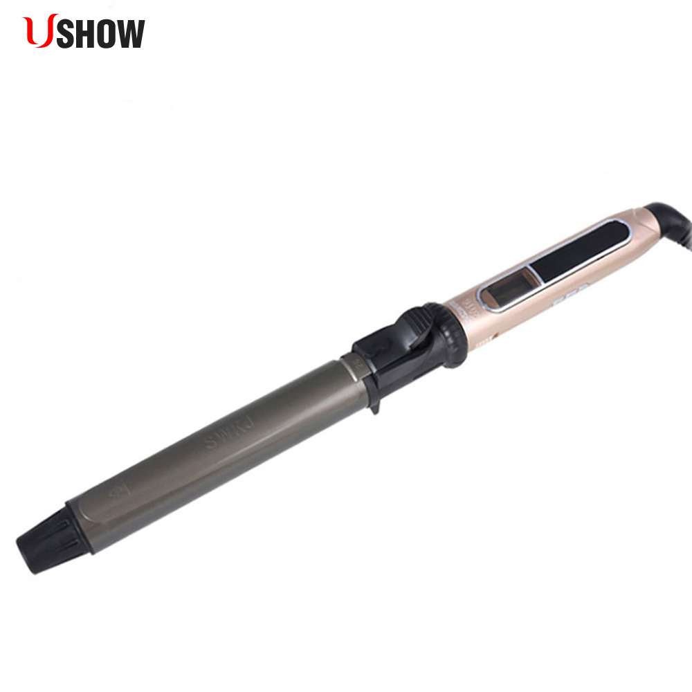 

USHOW Professional Rotating Curling Iron Nano Titanium Black + Gold Hair Curler with LED Digital Temperature Display