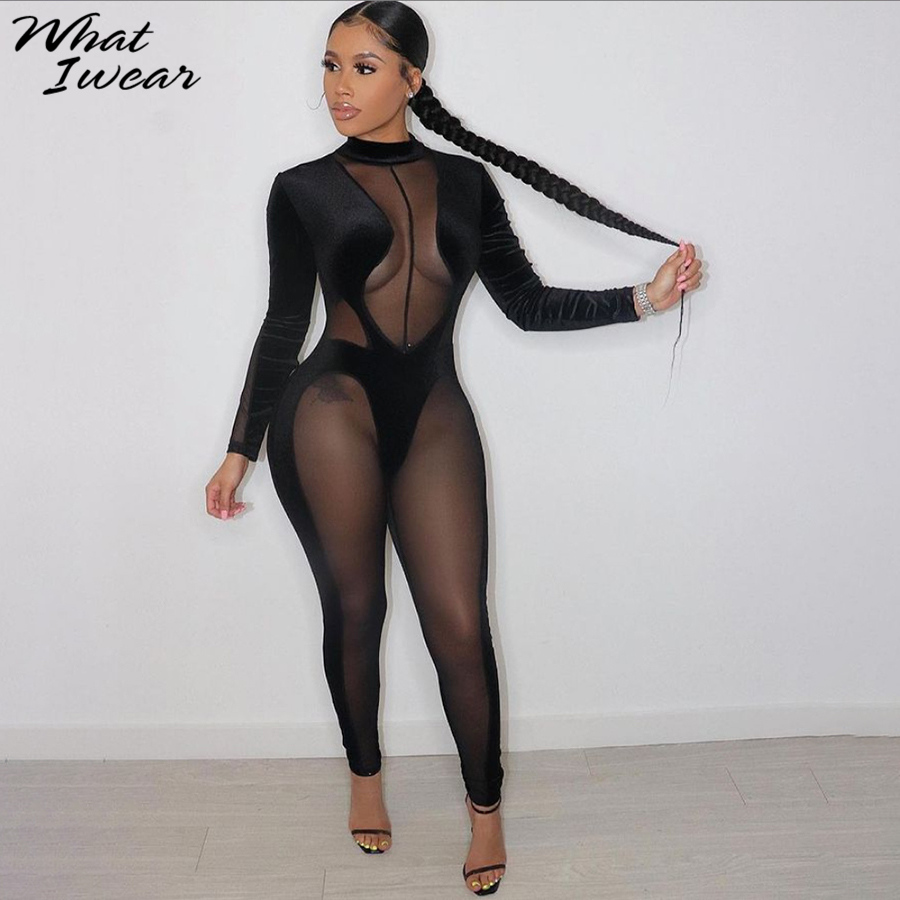 Whatiwear Sexy Mesh Patchwork Hollow Out Rompers Women Fashion Zipper Long Sleeve Turtleneck Stretch Solid Black Jumpsuit-image-711355734