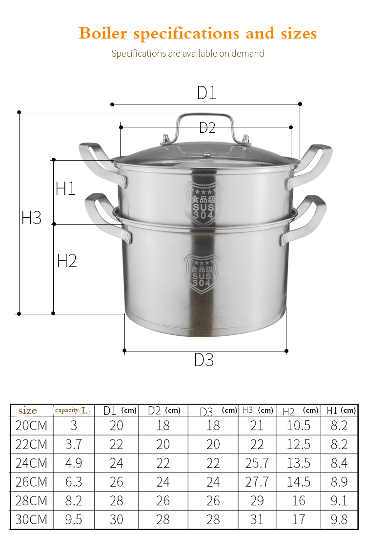 Olla de sopa de dos capas de acero inoxidable 304 26CM Olla de sopa de dos capas de acero inoxidable 304 26CM