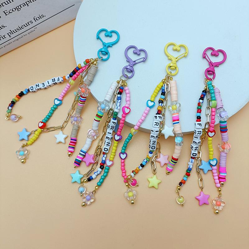 

Keychains Multicolor Bohemian Pearls Keychain Beaded Keyring Sweet Lanyard Bag Packet Letter Acrylic Charm Key Chains For Women Jewelry