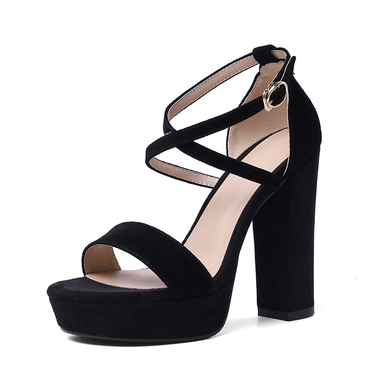 

Slippers Natural Suede Women High Thick Heels Sandals Fashion Ladies Party Shoes Sexy Black Summer Female Ankle Strap Platform 202