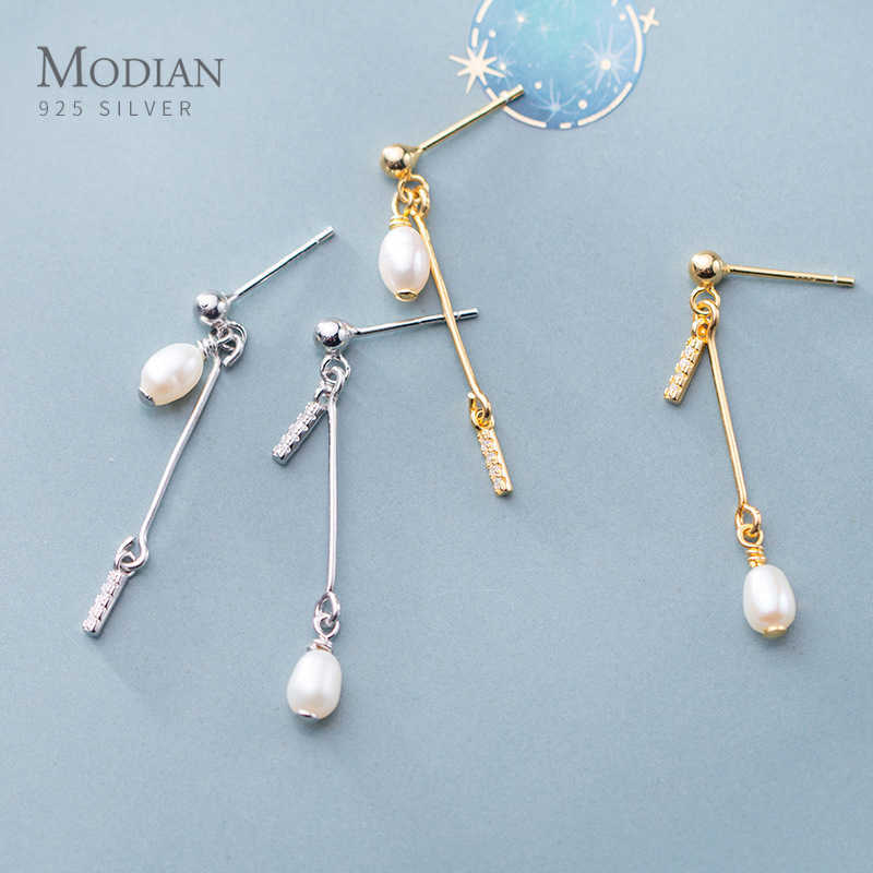 

Trendy 925 Sterling Silver Sparkling Zircon Short Stick Pearl Asymmetry Drop Earring for Women Korea Style Fine Jewelry 210707