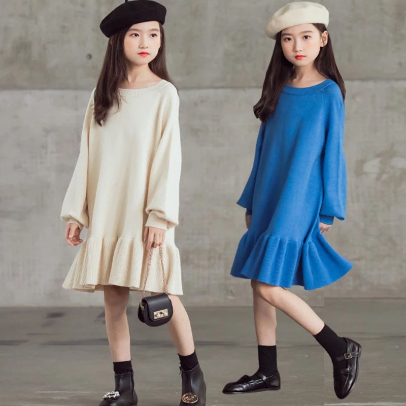 

Big Girls knitting sweater dress fall children long sleeve falbala dresses kids princess clothing 5-14T A7809, Blue