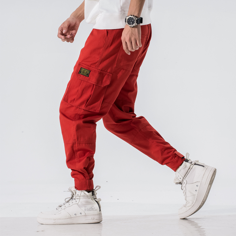 

2021 New Men Multi-pocket Elastic Waist Ankle-length Harem Streetwear Hip Hop Casual Trousers Joggers Male Army Cargo Pants L6c7 Orqq, Red