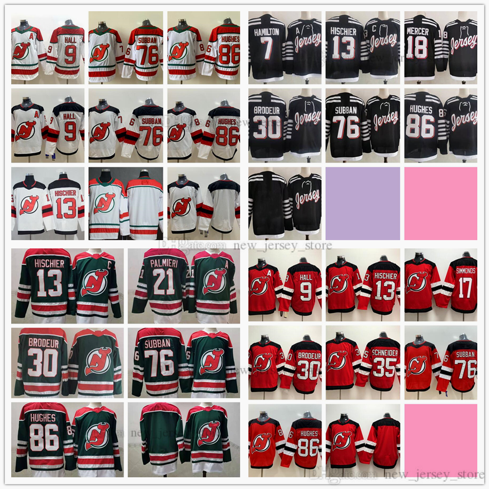 

2022 New Ice Hockey Jerseys 13 Nico Hischier 76 PK Subban 86 Jack Hughes 18 Dawson Mercer 30 Martin Brodeur 7 Dougie Hamilton 9 Taylor Hall 17 Simmonds Jersey Red Green, Same as picture