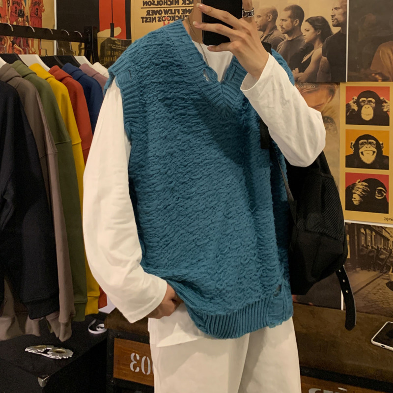 

2021 New Autumn Korean Ripped Sweater Men's Fashion Retro Casual V-neck Knitted Pullover Men Vest Knitting Sweaters Mens Clothes 0hkg, Black