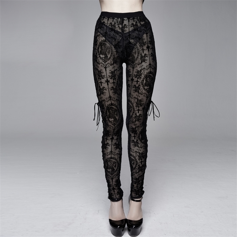 

Gothic Sexy Women Leggings Fitness Pants Plus Size Perspective Trousers Side Straps Clothes 211108, K-099bk