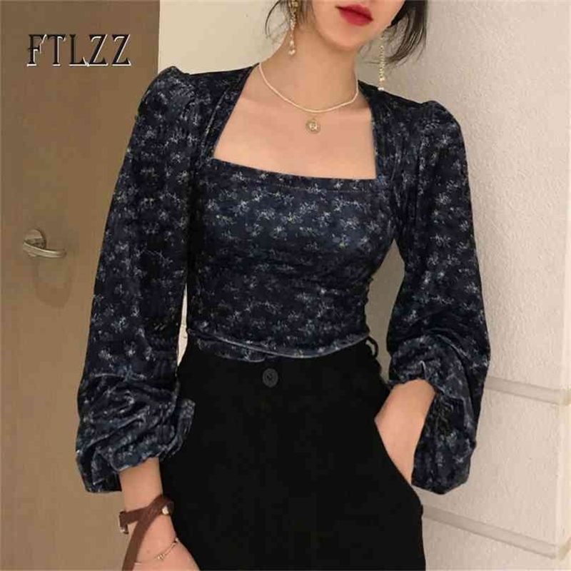 

Korean Chic Blouse Women Elegant Square Collar Bubble Sleeve Velvet Tops Spring Autumn Retro Ladies Floral Print Slim 210525