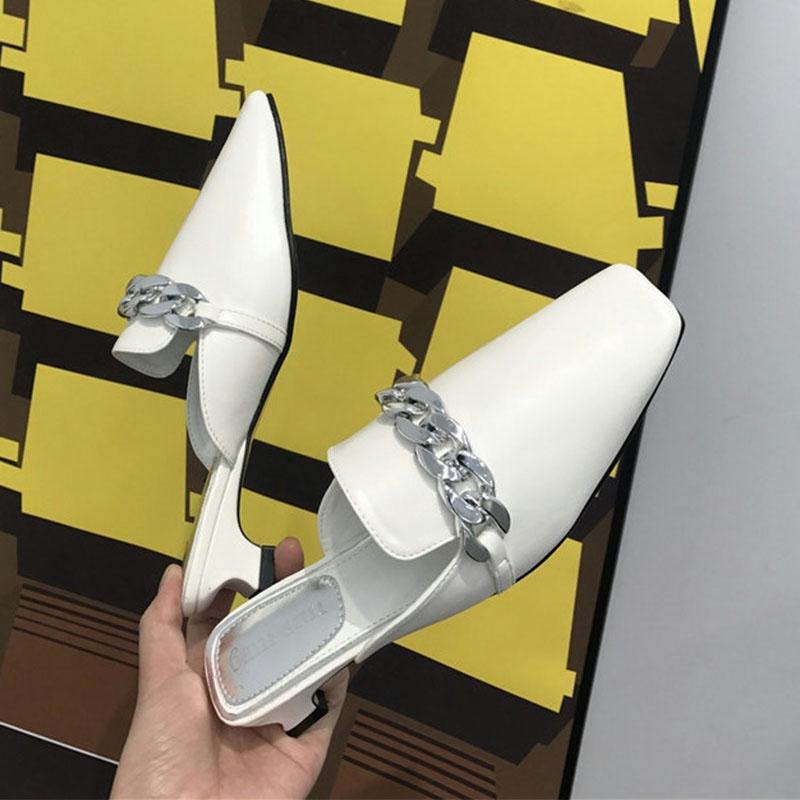 

New Women Slippers Round Toe Metal Chains Low Heel Outdoor Slides Shoes Fashion Casual Lady Mules Shoes For 2021 Zapatos Mujer, Brown