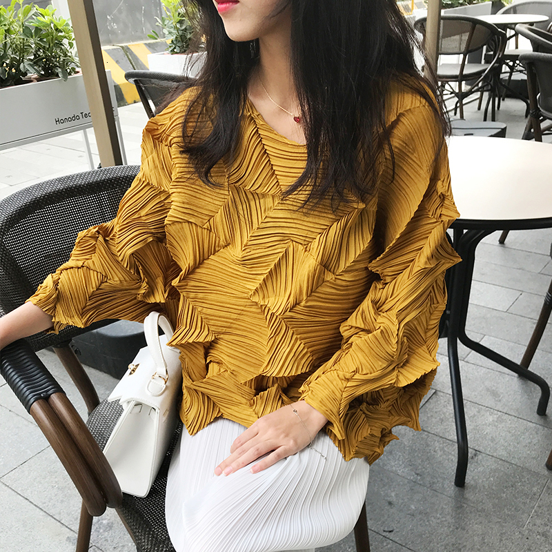 

2021 New Autumn and Winter Three Quarter Shirts Women Handmade Pleated T-shirt Temperament Korean Aesthetic Clothes K4dj, Orange