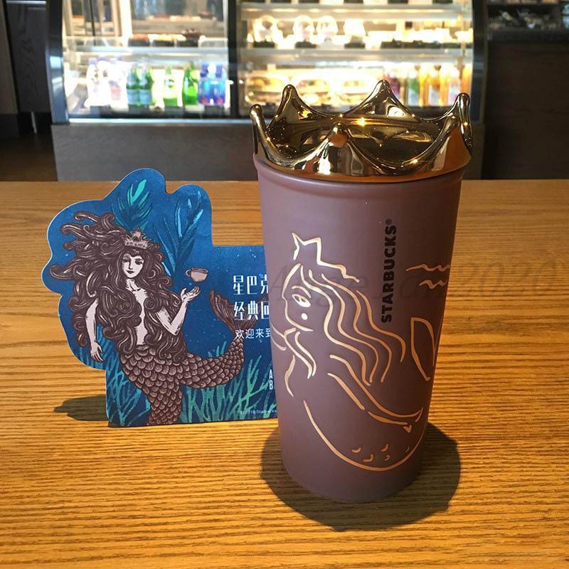 

new starbucks mermaid goddess crown brown coffee cup anniversary double ceramic mug 355ml with golden crown cover