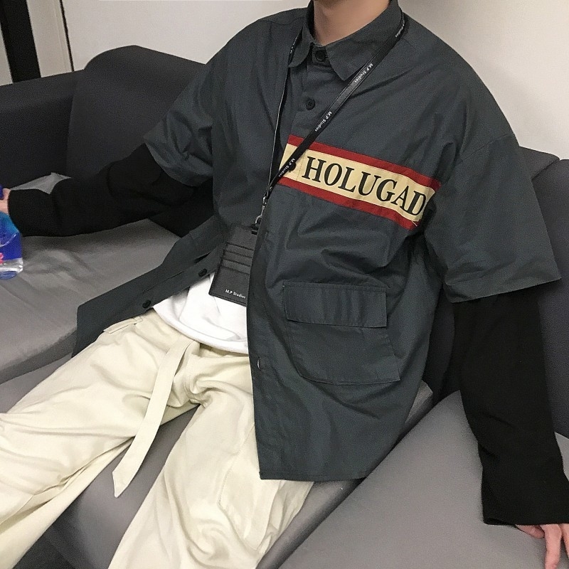 

2021 New Summer Men's Casual Fashion Patchwork Clothes Letter Printing Cotton Short Sleeve Loose Grey/red/green Shirt M-2xl 744d, Gray