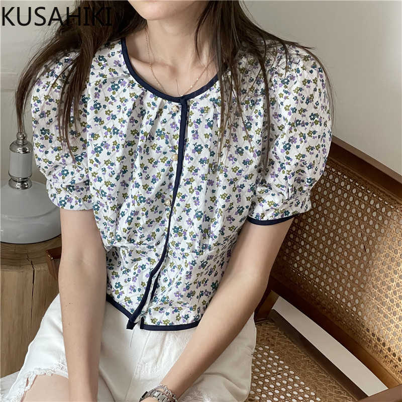 

KUSAHIKI Chic Floral Shirts Korean Puff Sleeve O-neck Women Blouses Summer Causal Top Blusas Camisas De Mujer 6H481 210602, Blue