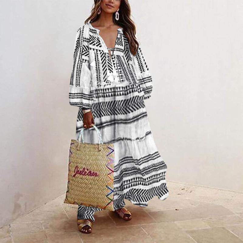 

Casual Dresses Summer Dress Bohemian Retro Printing V-neck Long Women's Long-sleeved Loose Holiday Large Size Maxi, Black;gray