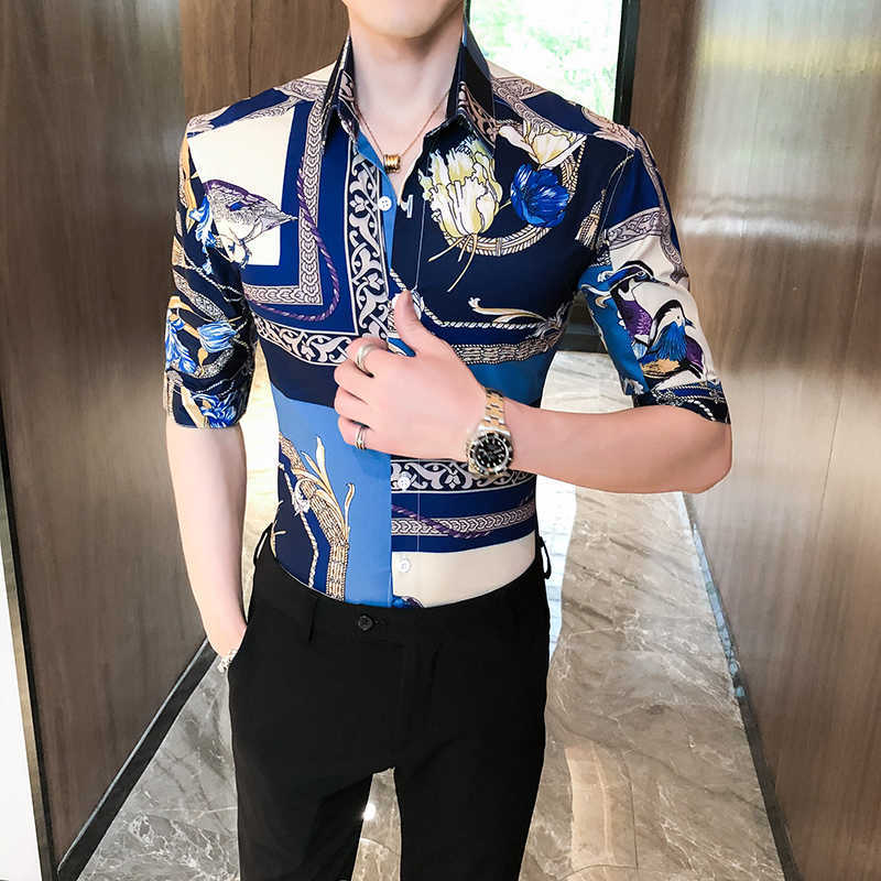 

Brand Luxury Men Shirt Retro Print Half Sleeve Shirts Fashion Casual Slim Fit Dress Shirt Social Party Tuxedo Clothes Camisa 210527, Blue