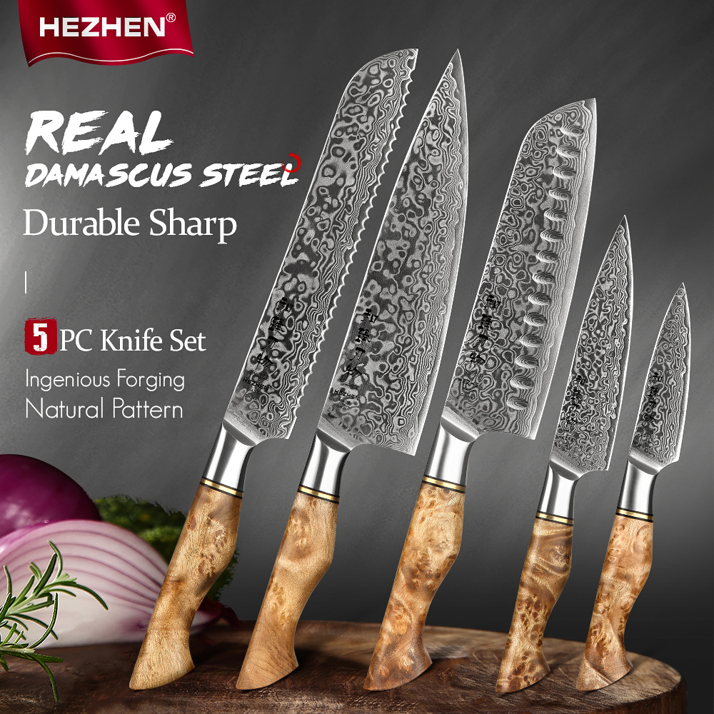 

HEZHEN 1-5PC Knife Set Professiona Damascus Stee Chef Santoku Bread Utiity Paring Cook Knife For Meat Sharp Kitchen Knife