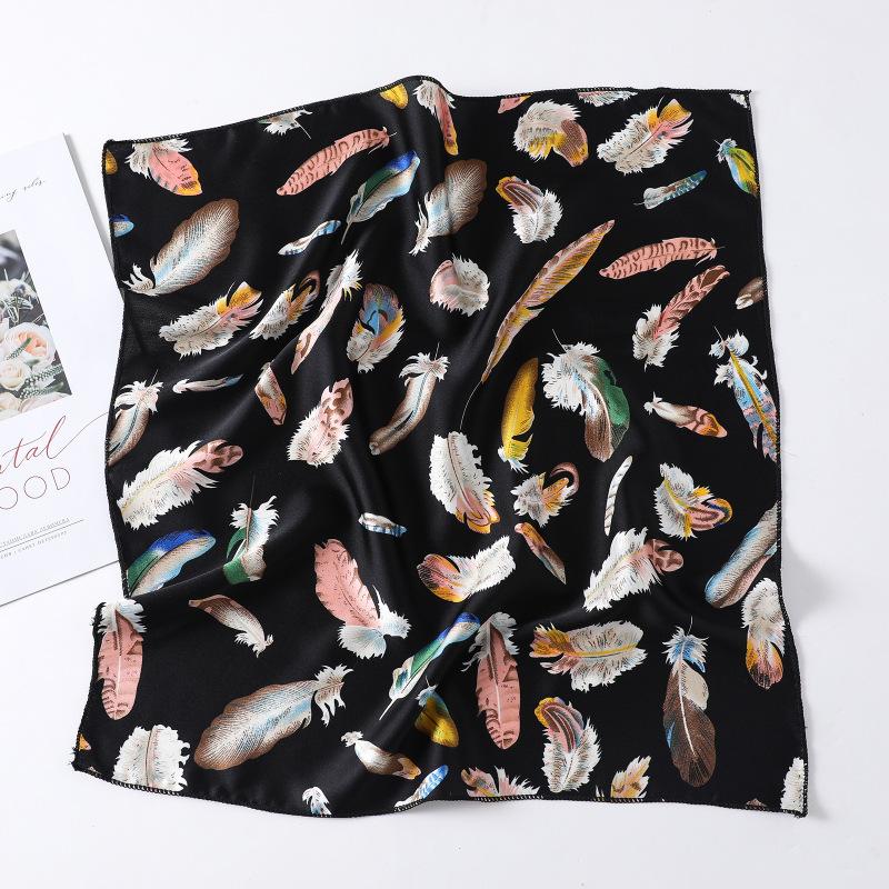 

Scarves 2021 Silk Square Scarf Women Feather Print Bag Shawl And Wraps Female Bandana Neckerchief Lady Hair Band Headband Hijab