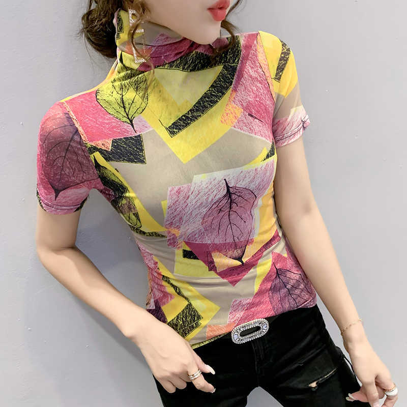

Fashion Mesh Sexy Turtleneck Summer Print T-shirt Women Clothes Tops European Ropa Mujer Bottoming Shirt Tees 3XL 210604, The picture color