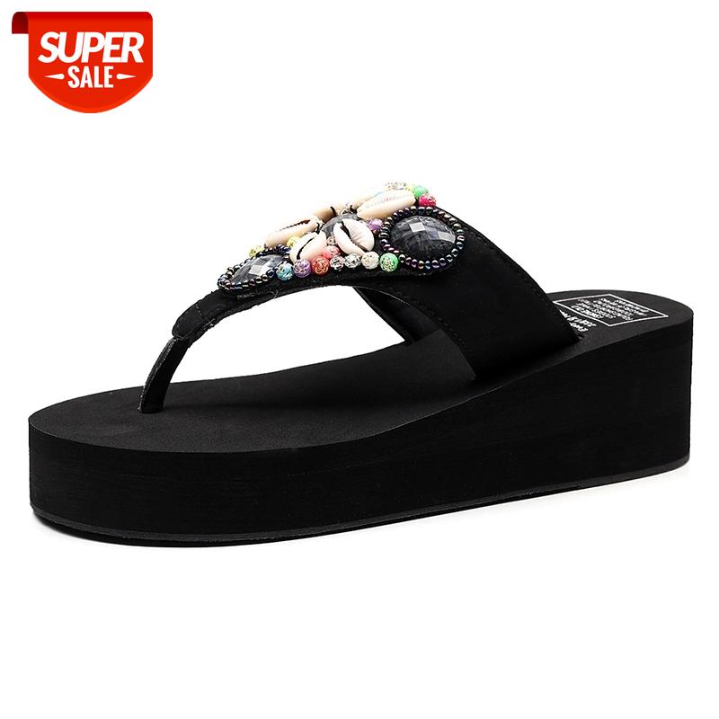 

Women Beach Flip Flops Bohemian Slipper Fashion New Rhinestone Shell Beading Platform Wedge Flip Flops Shoes Woman #sp6e, Black