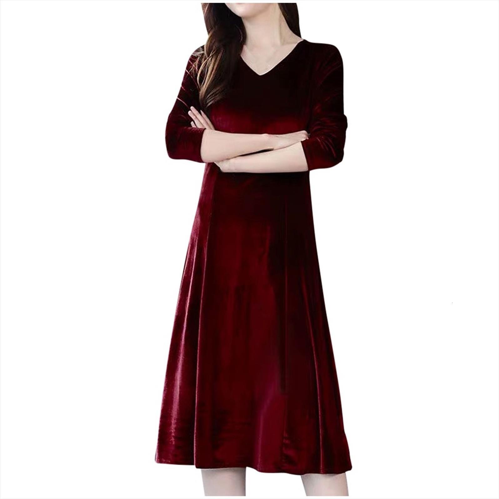 

vintage velvet autumn winter sleeves women dress slim v neck midi elegan a line party dresses plus size vestidos, Black;gray