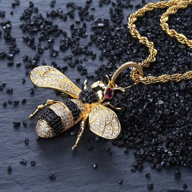 

New Mens Hip Hop Iced Out Gold Pendant Necklace Little Bee Pendant Necklace Fashion Necklace Jewelry
